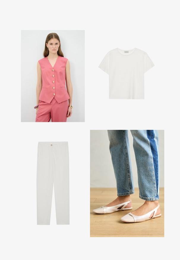 Roze mouwloze vest met een V-hals, voorzien van vijf gouden knopen, een getailleerde pasvorm en zijzakken. Draagt met bijpassende broek.; Witte T-shirt met korte mouwen, gemaakt van zachte katoen. Heeft een ronde halslijn en een relaxte pasvorm. Schoon ontwerp zonder zichtbare patronen of accenten.; Witte, op maat gemaakte broek met een rechte pijpdesign, featuring een knoopsluiting, riemlussen en zijzakken; gladde stoftextuur.; Zachtroze slingback ballerina's met een spitse neus, gemaakt van een glad leerachtig materiaal. Bevat uitsnijdingen aan de zijkanten en heeft een platte hak.