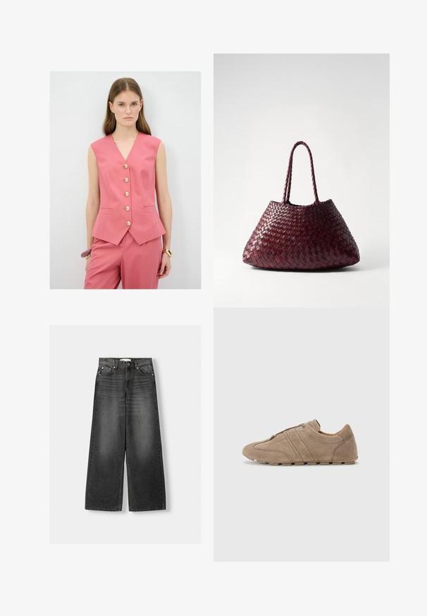 Roze mouwloze vest met een V-hals, voorzien van vijf gouden knopen, een getailleerde pasvorm en zijzakken. Draagt met bijpassende broek.; Effen witte T-shirt met korte mouwen en een ronde hals, met een slim fit, vlak weergegeven tegen een witte achtergrond.; Brede pijpen, high-waisted jeans in donkergrijze denim. Kenmerken zijn vijf zakken, metalen klinknagels en riemlussen. Glad textuur met een lichte vervaging.; Beige suède schoenen met een lage profiel, voorzien van gestikte lijnen en een gestructureerd oppervlak, aangevuld met rubberen traction buitenzolen.; DRAGON DIFFUSION SANTA CROCE BIG - Handtas - bordo