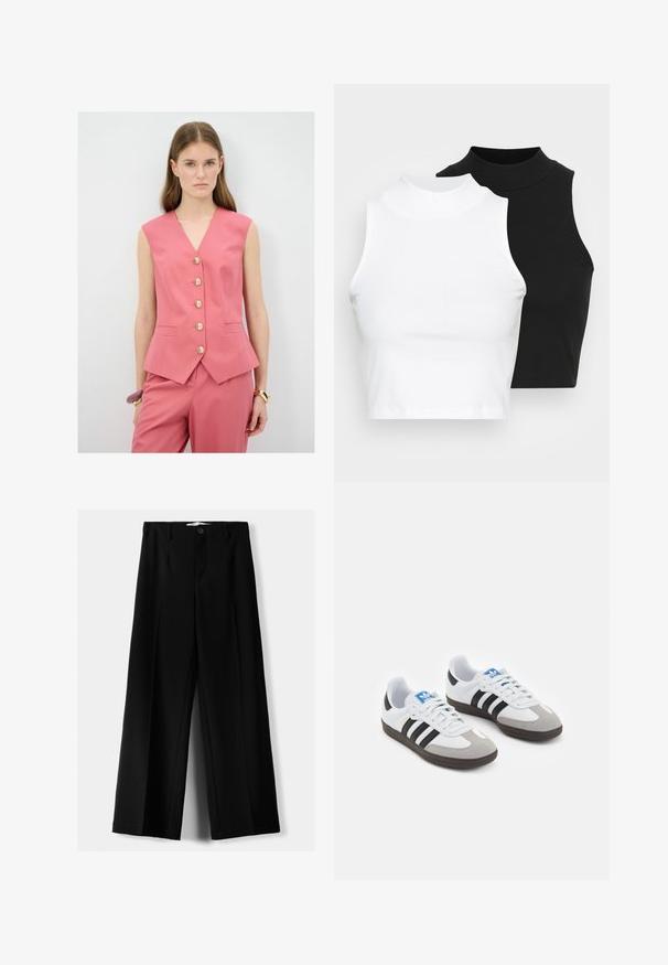 Gilet senza maniche rosa con scollo a V, caratterizzato da cinque bottoni dorati, una vestibilità sartoriale e tasche laterali. Indossato con pantaloni abbinati.; Due top in maglia senza maniche, a collo alto, in nero e bianco, con un design aderente e una superficie liscia, di lunghezza cropped.; Pantaloni neri a gamba larga realizzati in tessuto leggero, caratterizzati da una chiusura frontale con bottone e frontale piatto, con orli cuciti con precisione.; Scarpe sportive con tomaia in pelle bianca, punta in suede grigia e tre strisce nere. Presentano un logo blu sulla linguetta e una suola in gomma testurizzata.