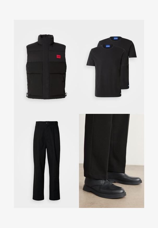 Černá péřová vesta s vysokým límcem, obsahující červený obdélníkový logo, dvě přední kapsy a stahovací šňůrky na spodním lemu pro nastavitelnou velikost.; Dvě černé bavlněné trička s kulatými výstřihy, krátkými rukávy a modrými štítky "HUGO" na límci a bočních lemech.; Černé kalhoty s rovnými nohavicemi, s páskem na knoflíky, poutky na opasek a předními záhyby, vystavené na jednoduchém bílém pozadí.; Černé kožené boty se zaoblenou špičkou, plochou podrážkou a minimálním zdobením. Spárovány s padnoucími černými kalhotami, které mají hladkou texturu.