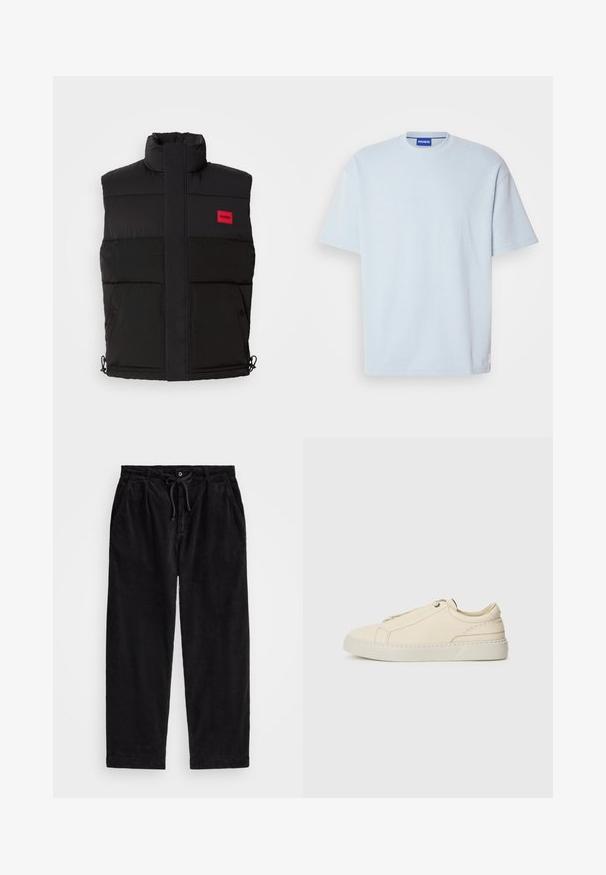 Svart pufferväst med hög krage, med en röd rektangulär logotyp, två framfickor och dragsnören i fållen för justerbar passform.; Ljusblå stickad t-shirt med rund hals och korta ärmar. Har en vanlig passform och en subtil logotypdetalj vid fållen.; Svarta kordflamsbyxor med en avslappnad passform, med ett elastiskt midjeband och dragsko, samt sidofickor. Tyget har en ribbad struktur.; Beige lädersneaker med rund tå, minimalistisk design, subtila stygndetaljer och en texturerad ovandel, på en ljus sula.
