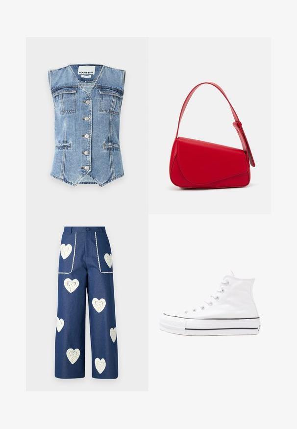 Denim brezrokavnik v svetlo modri barvi z obliko brez rokavov, ostrim robom, štirimi žepi in srebrnimi gumbi na sprednji strani. Struktura tkanine.; Cvetna bluzica z dolgimi puff rokavi, svetlo smetanaste barve, s purpurnimi, oranžnimi in zelenimi cvetličnimi vzorci ter klasičnim ovratnikom.; Sister Jane HEART TO HEART - Ravne kavbojke - blue denim; Beli visoki platneni športni čevelj z črnim gumijastim podplatom, sprednjim gumijastim zaščitnikom za prste in šestimi luknjicami za vezalke, ki se ponaša s preprostim, minimalističnim dizajnom.; Rdeča usnjena torba z angularnim, geometrijskim dizajnom. Ima en samostoječ nastavljiv ročaj in pokrov, zaprt z zapiranjem, ki je okrašen s šivi.