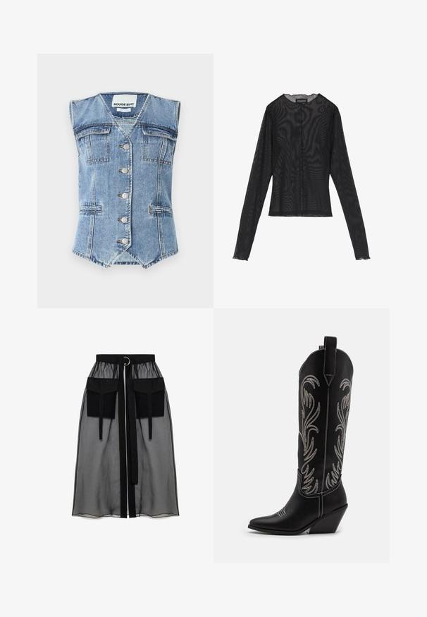Világoskék farmer mellény, ujjtalan dizájnnal, hegyes aljjal, négy zsebbel és ezüstgombokkal az elején. Texturált anyagborítás.; Fekete, hosszúujjú felső áttetsző anyagból, kerek nyakkivágással, elöl gombos záródással és hullámos szegéllyel a mandzsettákon.; Fekete áttetsző szoknya ráncolt derékrésszel, két nagy elülső zsebbel, derékpánttal és kör alakú fém díszítéssel.; Fekete bőr cowboy csizmák hegyes orral, wedge sarkakkal és ezüst hímzett virágmintákkal a szár mentén. Kontraszt varrás az egész csizmán.