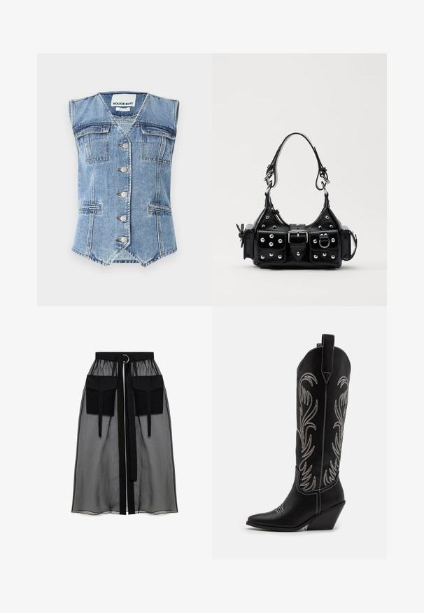 Denim prsluk u svijetloplavoj boji s bezrukavim dizajnom, šiljastim rubom, četiri džepa i srebrnim dugmadi sprijeda. Teksturna tkanina.; Crni top dugih rukava od prozirnog materijala, s okruglim izrezom, prednjim kopčanjem na gumbe i valovitim rubovima na manžetama.; Crna prozirna suknja s nabranim pojasom, koja ima dva velika prednja džepa, remen oko struka i okrugli metalni detalj.; Crne kožne kauboj čizme s šiljastim prstima, klinastim potpeticama i srebrnim izvezenim cvjetnim uzorcima duž osovine. Kontrastni šavovi posvuda.; Crna kožna torba s zakrivljenim dizajnom, koja sadrži srebrne zakovice, kopču i dva bočna džepa. Podesiva traka za različite opcije nošenja.