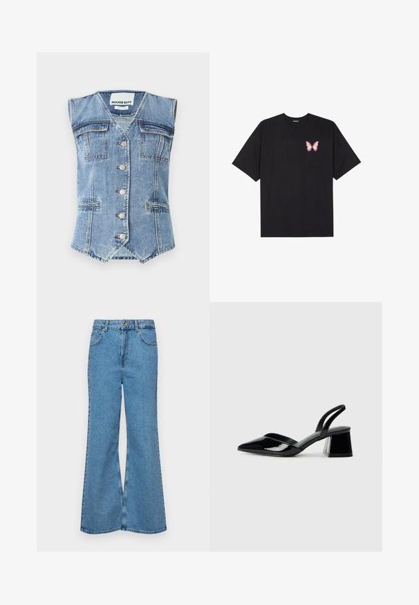 Colete de denim em azul claro com design sem mangas, bainha pontiaguda, quatro bolsos e botões prateados na parte da frente. Acabamento de tecido texturizado.; T-shirt de algodão preto com mangas curtas, apresentando um pequeno gráfico de borboleta rosa no lado esquerdo do peito. Design de gola redonda com um corte solto.; Jeans de brim azuis claros, com corte à boca de sino, apresentando uma cintura alta, cinco bolsos e um fecho de botão único. Textura macia com acabamento desbotado.; Sandy em verniz preto com salto slingback, ponta afilada e salto geométrico. Apresenta um design elegante e minimalista com textura suave.