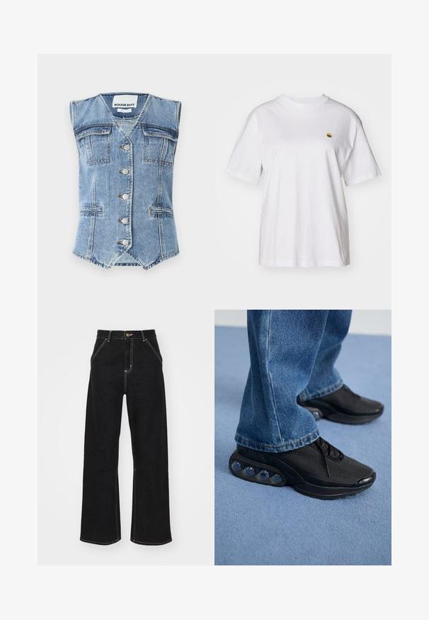 Lys blå denimvest med ermeløst design, spiss nederkant, fire lommer og sølvknapper på fronten. Teksturert stofffinish.; Hvit bomulls t-skjorte med avslappet passform, korte ermer og en liten brodert logo på venstre brystområde.; Svarte vide jeans laget av denim, med kontrasterende hvite sømmer og en frontknapplukking, samt to skrå frontlommer.; Svart treningssko med mesh-overdel, teksturerte detaljer og synlige luftputepoder i sålen. Bærer med blå denimjeans.