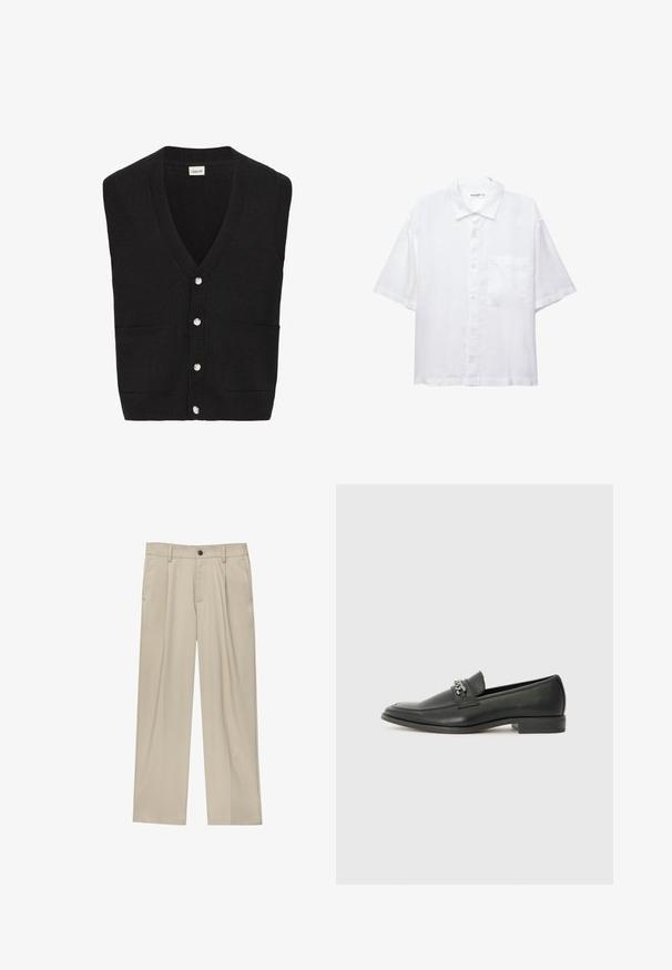 Schwarze gestrickte ärmellose Strickjacke mit V-Ausschnitt, fünf weißen Knöpfen an der Vorderseite und zwei Vorderaschen.; Weißes Kurzarmhemd mit Knopfleiste, Kragen und einer Brusttasche. Aus leichtem Stoff mit glatter Textur gefertigt.; Beige Hosen mit geradem Schnitt, ausgestattet mit einem einzelnen schwarzen Knopf, Gürtelschlaufen und Seitentaschen. Glatte Stofftextur und minimalistisches Design.; Schwarzer Lederloafer mit glatter Oberfläche, ausgestattet mit einer gesteppten Gestaltung und einem dekorativen Metallkettendetail über dem Vorderblatt. Flacher Absatz.