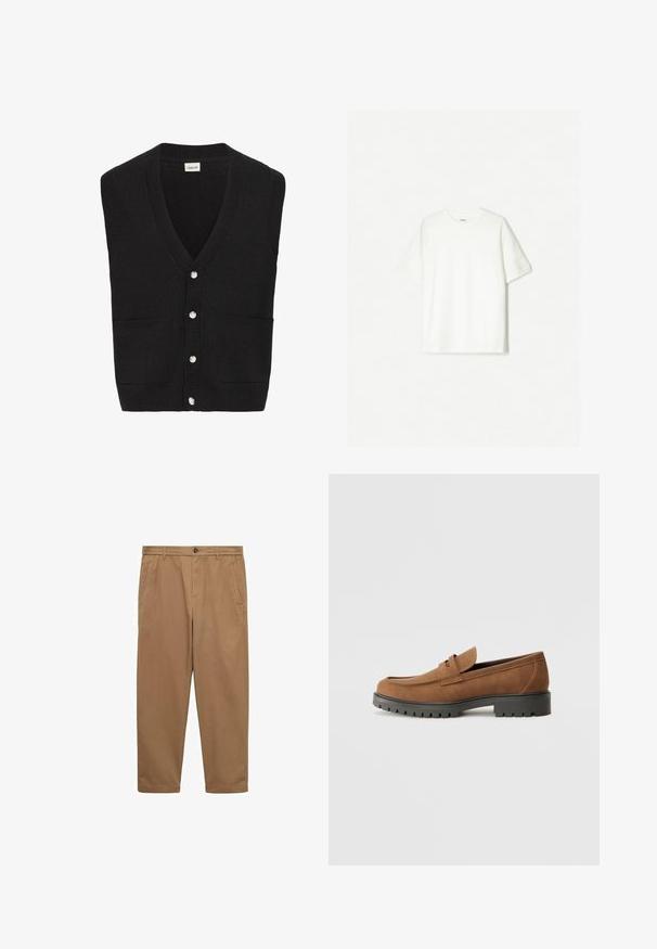 Svart stickad ärmlös cardigan med V-ringning, fem vita knappar framtill och två framfickor.; Vit kortärmad t-shirt i mjuk bomull. Rundhalsdesign med avslappnad passform och inga synliga logotyper eller mönster.; Bruna bomullschinos med rak skärning, två sidofickor, knappstängning och en slät yta. Medelhög midja och avsmalnande ben.; Bruna mocka loafers med rund tå och en låg svart gummisula, med en dekorativ rem och sömnadsdetaljer på ovandelen.