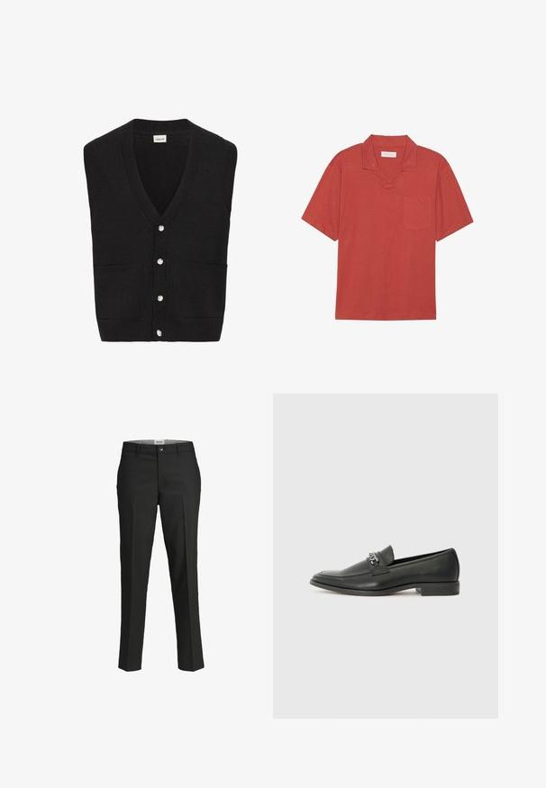 Schwarze gestrickte ärmellose Strickjacke mit V-Ausschnitt, fünf weißen Knöpfen an der Vorderseite und zwei Vorderaschen.; Kurzärmeliges, rostfarbenes Poloshirt mit einer weichen Textur, einem eingekerbten Kragen und einer einzelnen Brusttasche. Saubere Linien und minimalistisches Design.; Schwarze Hosen, taillierte Passform, glattes Material, mittelhoher Bund, vorderer Knopfverschluss, schräge Taschen und Bügelfalten entlang der Beine.; Schwarzer Lederloafer mit glatter Oberfläche, ausgestattet mit einer gesteppten Gestaltung und einem dekorativen Metallkettendetail über dem Vorderblatt. Flacher Absatz.