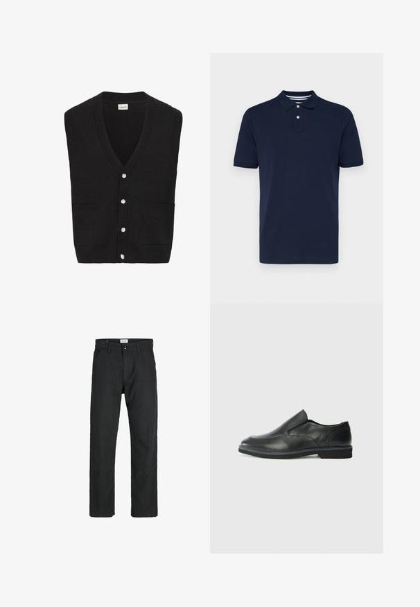 Juodas megztas be rankovių kardiganas su V formos iškirpte, penkiais baltais mygtukais priekyje ir dviem priekinėmis kišenėmis.; Tamsiai mėlyna trumpo rankovės polo marškinėliai, pagaminti iš medvilnės, su apykakle, turinčia tris mygtukus ir subtiliomis horizontaliomis juostelėmis ant apykaklės.; Juodi kelniai, pagaminti iš tvirto audinio, su tiesiomis kojomis, siuvinėtomis detalėmis ir dviem priekinėmis kišenėmis funkcionalumui.; Juodai odiniai įtvirtinimo batai su lygiu paviršiumi, siuvinėjimo akcentais, apvalia nosimi ir žemu guminiu kulnu. Pado raštas minimalus.