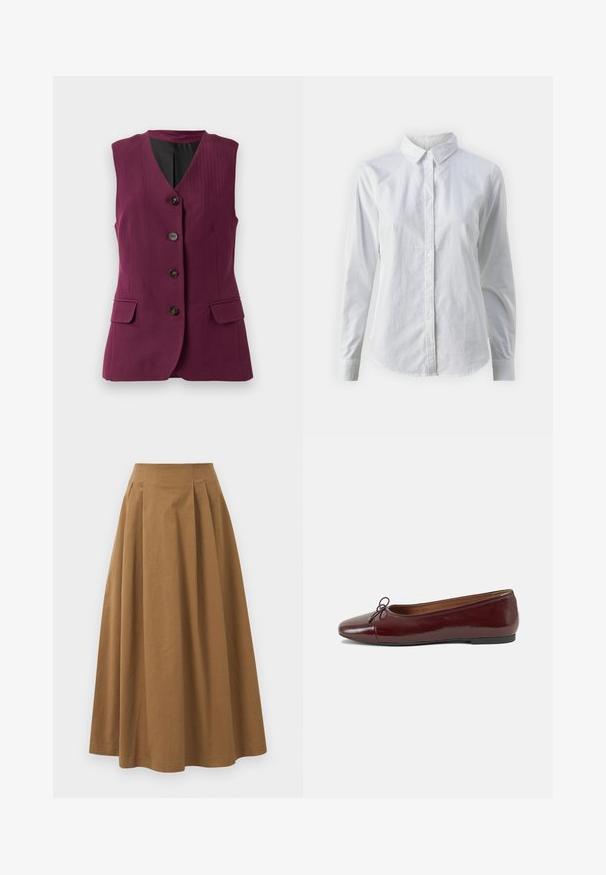 Hihaton luumunvärinen liivi mustalla vuorilla, neljä mustaa nappia, V-pääkkeinen kaula-aukko ja kaksi etutaskua läpän kanssa.; Valkoinen napitettava paita, joka on valmistettu sileästä puuvillasta. Paidassa on klassinen kaulus, pitkät hihat ja kaareva helma. Nappien koko on pieni ja ne ovat valkoiset.; Ruskea puuvillainen A-linjainen hame korkealla vyötäröllä, jossa on laskokset edessä ja sileä pinta. Helma on viimeistelty siististi ja yksinkertaisesti.; Burgundin värinen lakattu nahkainen ballerinatossu pyöreällä varvaskärjellä, pienen nauhan yksityiskohdalla edessä ja matalalla mustalla kumipohjalla. Sujuva pinta.