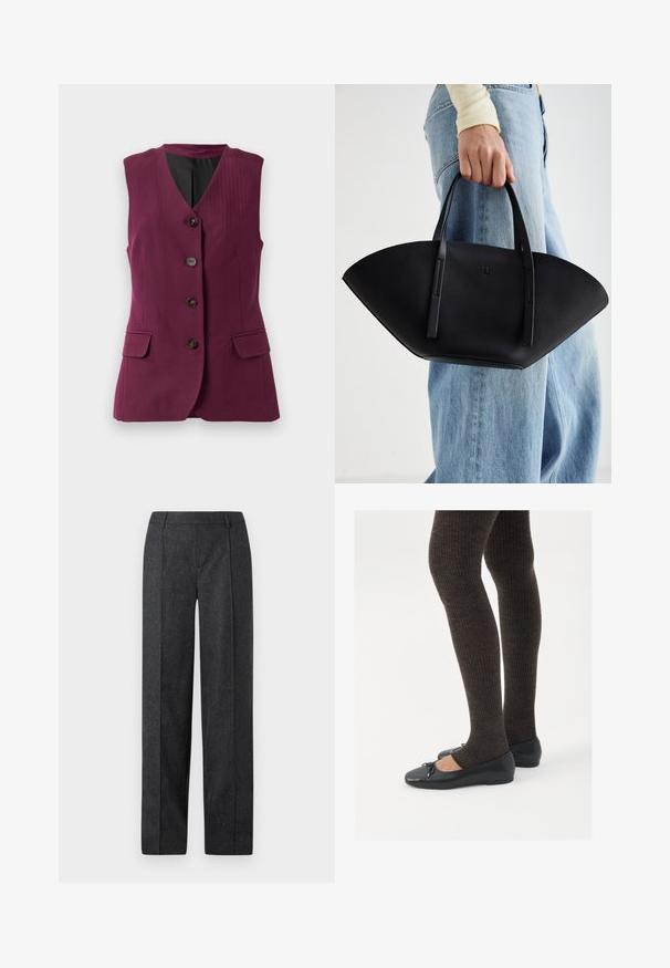 Bezruký vest plavej farby s čiernym lemovaním, štyrmi čiernymi gombíkmi, V-výstrihom a dvoma prednými vreckami s chlopňami.; Biela košeľa s gombíkmi vyrobená z hladkej bavlny, s klasickým golierom, dlhými rukávmi a zakriveným lemom. Gombíky sú malé a biele.; Tmavo šedé oblekové nohavice so strihom rovného nohu, textúrovanou tkaninou a jemnými fliačkami. Obsahujú plochý predný diel a pútka na opasok.; Čierne ploché topánky s malou mašľou na špičke, v kombinácii s tmavohnedými rebrovanými pančuchami. Topánky majú hladký povrch a nízky profil.; Čierna kožená kabelka s jedinečným tvarom ventilátora, so plochými držadlami. Povrch má štruktúru s brúseným efektom a minimalistic design.