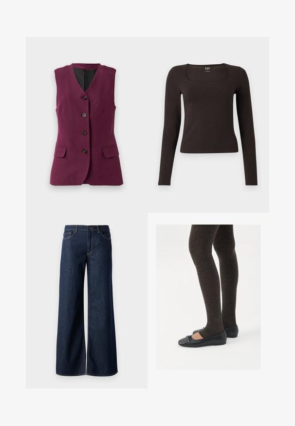 Bezrukávý vest s švestkovou barvou a černým podšíváním, čtyřmi černými knoflíky, výstřihem do V a dvěma předními kapsami s klopou.; Černý dlouhý rukáv, přiléhavý top se čtvercovým výstřihem, označený značkou GAP, vystavený na bílém pozadí.; Džínsy s širokými nohavicemi v tmavě modré barvě. Mají kontrastní švy, pět kapes a zapínání na knoflík v pase. Hladká textura.; Černé ploché boty s malou mašlí na špičce, kombinované s tmavě hnědými žebrovanými punčochami. Boty mají hladký povrch a nízký profil.