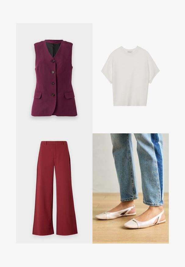 Ärmellose, pflaumenfarbene Weste mit schwarzem Futter, vier schwarzen Knöpfen, einem V-Ausschnitt und zwei vorderen Klappentaschen.; Weißes T-Shirt mit kurzen Ärmeln, weitem Rundhalsausschnitt und strukturiertem Rippenmuster, aus weichem Stoff, mit legerer Passform und einem klaren Design.; Weite Hosen in einem tiefen Burgunderfarbton. Hergestellt aus einem glatten, dehnbaren Stoff mit taillierten Nähten und einem Reißverschluss auf der Vorderseite.; Blassrosa Slingback-Ballerinas mit spitzem Punkt, aus einem glatten, lederähnlichen Material. Mit Ausschnitten an den Seiten und einem flachen Absatz.