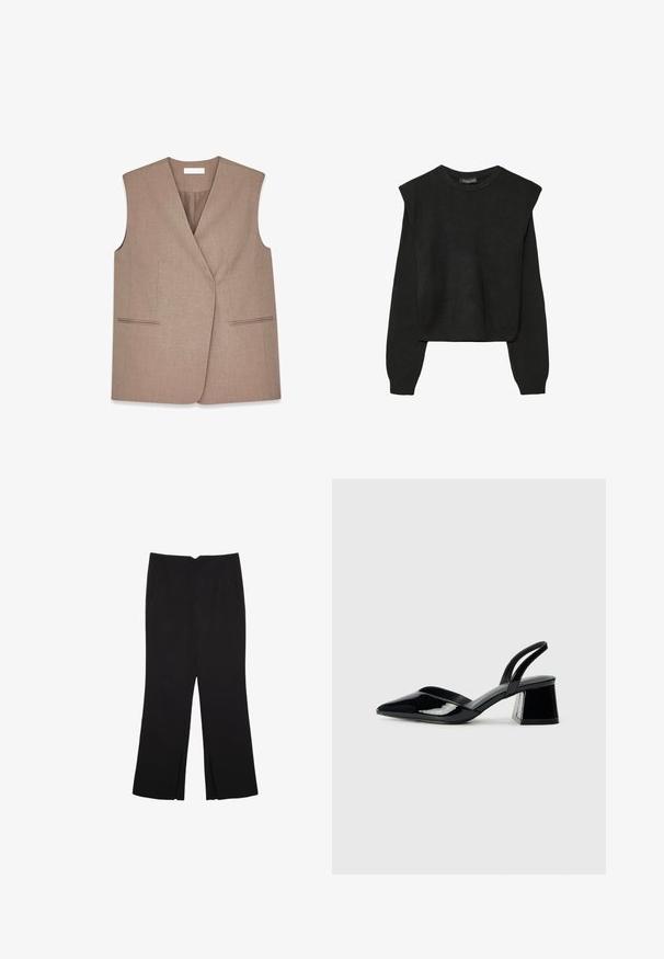 Brązowa bezrękawnik o kroju z wykrojem, wykonana z teksturowanej tkaniny. Posiada dwie przednie kieszenie z lamówką wzdłuż brzegów.; Czarny, długi sweter z dzianiny z poduszkami na ramionach oraz prążkowanymi mankietami i dołem, pokazany na białym tle.; Czarne spodnie o prostym kroju, z przednimi kieszeniami i bocznymi rozcięciami na dole. Wykonane z miękkiego, gładkiego materiału. Odpowiednie na różne okazje.; Czarne lakierowane półbuty na obcasie z wydłużonym noskiem i geometrycznym słupkiem. Charakteryzują się eleganckim, minimalistycznym designem oraz gładką fakturą.