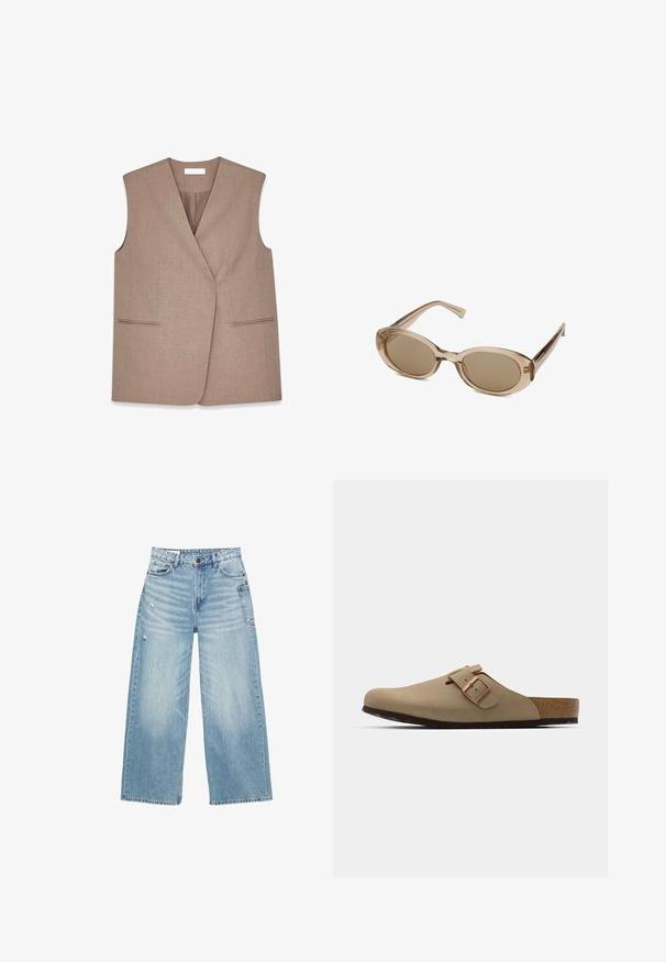 Ruskea ilmanhihainen liivi, jossa on kietaisuosa, valmistettu tekstuurikankaasta. Sisältää kaksi etutaskua, joissa on huolittelu yksityiskohtia reunoilla.; Valkoinen lyhythihainen t-paita, joka on valmistettu pehmeästä puuvillasta. Sen kaula-aukko on pyöreä ja vasemmassa rinnassa on hillitty logotaito. Suora istuvuus.; Vaaleansiniset leveät farkut, jotka on valmistettu denimistä. Niissä on korkea vyötärö, viisi taskua ja hienovaraisia kulutettuja yksityiskohtia kankaassa.; Beige klootziga muudest jalatsitest ümara varbaga, reguleeritava pandla aktsendiga ja korkjalatsiga. Tekstureeritud pind mustast kummist tallaga haardeks.; Aurinkolasit, joissa on läpikuultava beige kehys, soikeat linssit ja hoikat temples. Varustettu vaaleanruskeilla sävytetyillä linsseillä ja minimimaalista brändäystä.; Beige hobo-laukku, jossa on ruskea logokuvio, nahkareunukset ja metallinen solki, jossa on kohotettu "G". Mukana säädettävä olkahihna.