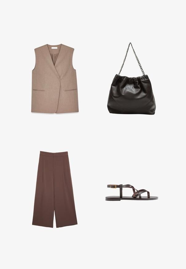 Hnedá bezrukávová vesta s viazacími detailmi, vyrobená z textúrovanej látky. Obsahuje dve predné vrecká s lemovaním pozdĺž okrajov.; Hnedé tričko s krátkym rukávom vyrobené z jemného materiálu, s okrúhlym výstrihom a voľným strihom. Žiadne viditeľné vzory ani akcenty.; Hnedé nohavice so širokými nohavicami a hladkou textúrou, s vysokým pásom a prednými skladmi. Tkanina je ľahká a voľne sa pohybuje.; Hnedé kožené sandály s krížovými popruhmi, uzatváraním na pracku okolo členku a plochou podrážkou s minimálnymi ševmi.; Hnedá kožená taška so zberaným vrchom a reťazovým popruhom. Hladký povrch s lesklým finišom a jemným švom po stranách.