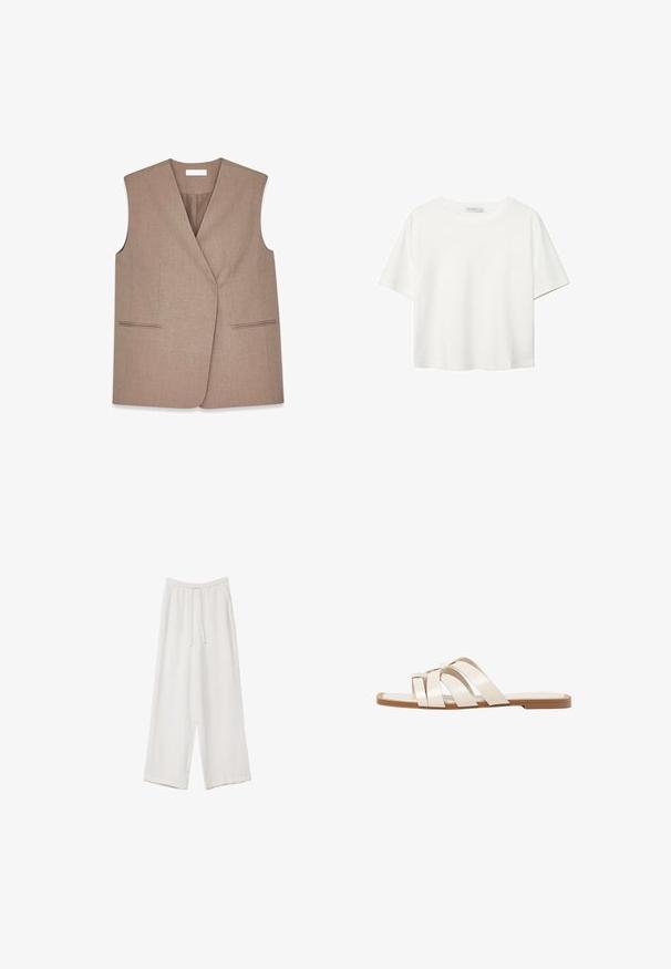 Rjav brezrokavnik z ovitim dizajnom, izdelan iz teksturirane tkanine. Ima dve sprednji žepni z obrobo ob robovih.; Bela kratka majica s kratkimi rokavi iz bombaža. Ima okroglo izrezovanje in sproščen kroj. Gladka tekstura brez vidnih vzorcev ali poudarkov.; Bele široke hlače iz lahkega materiala. Imajo elastičen pas s vrvico in stranske žepe. Gladka tekstura.; Ravne sandale s svetlo rjavim gumijastim podplatom, zasnovane s tremi prekrivajočimi se belimi usnjenimi trakovi in majhnim lokom na sredini.