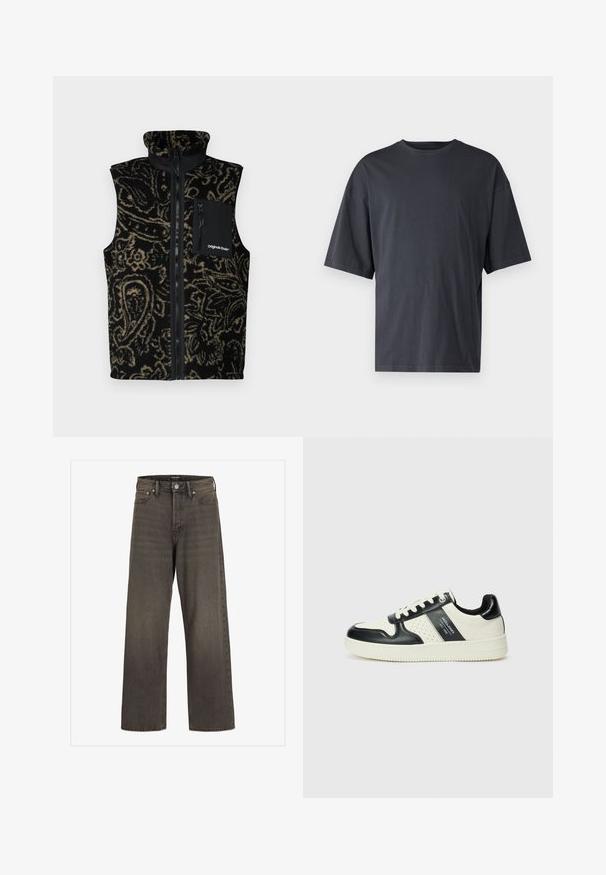 Mustasta ja beigeistä kuviollisesta fleece-liivistä, jossa on korkea kaulus, etuvetoketju ja sivutaskut. Sisältää rinnassa olevan taskun mustalla vetoketjulla.; T-paita, jossa on lyhyet hihat, tummanharmaa ja valmistettu kevyestä puuvillasta. Mallissa on avara istuvuus ja klassinen pyöreä kaula-aukko, ja se on yksinkertainen ilman kuvioita.; Valkoset farkut tummanharmaasta denimestä, joissa on korkea vyötärö, klassinen viisi-taskuinen muotoilu ja erottuvat ompeleet saumoissa.; Nahkakengät musta-kerma värimaailmassa, joissa on rei'itetyt yksityiskohdat, pehmustettu nilkkaosa ja teksturoitu pohja.