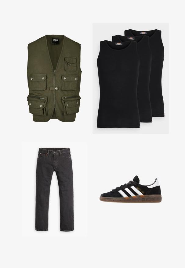 Alyvuogių žalia liemenė, pagaminta iš audinio, su užtrauktuku priekyje, keliais priekiniais kišenėmis ir spaudėmis. Be rankovių, praktiškas dizainas naudoti.; Juodi maikutai trijų pakuotėje. Raštuota tekstūra, standartinė apvalia iškirpte, be rankovių. Apačia papuošta mažuoju prekės ženklu.; Juodi tiesūs džinsai su penkiais kišenėmis, saga ir vario vinimis, iškloti ant balto fono.; Juodos Adidas sportbačiai su baltais dryžiais, auksiniu „Spezial“ užrašu, guminėmis padais ir balta kulno juostele, rodomi šoninio vaizdo.