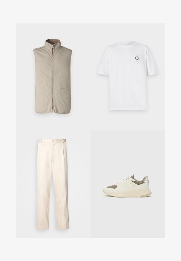 Beige sleeveless vest with a high collar, front zipper, and two side pockets. Features a soft, textured interior lining. Logo on side.; White cotton t-shirt with a relaxed fit, featuring a small black graphic logo on the left chest area. Short sleeves, crew neck style.; Beige cotton trousers with a straight-leg cut, featuring a button closure and pleats at the front for added detail.; White and light beige athletic sneaker, featuring a mesh upper, perforated detailing, and a textured midsole with branding on the heel.