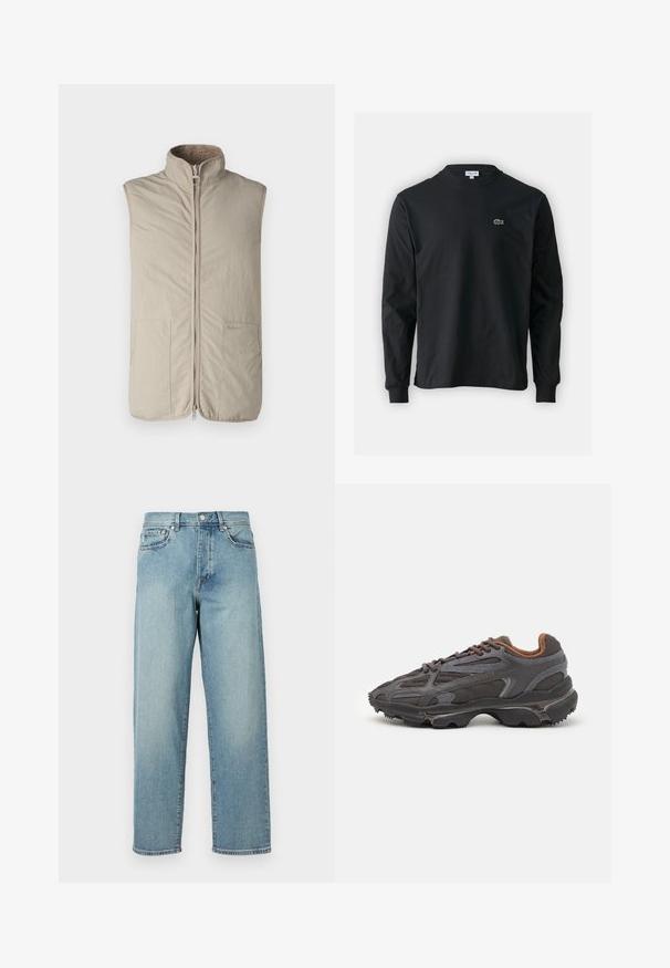 Beżowa kamizelka bez rękawów z wysokim kołnierzem, zamek błyskawiczny z przodu i dwiema bocznymi kieszeniami. Posiada miękką, teksturowaną podszewkę wewnętrzną. Logo po bokach.; Czarna koszulka z długim rękawem, wykonana z bawełny, z okrągłym dekoltem i małym haftowanym logo krokodyla w kolorze zielonym po lewej stronie klatki piersiowej.; Jasnoniebieskie dżinsy o luźnym kroju, proste nogawki, pięć kieszeni i zapięcie na guzik w talii. Minimalistyczne detale w szwie.; Sneakers Lacoste w ciemnoszarym kolorze, wykonane z siateczki i materiału syntetycznego, z teksturowaną podeszwą oraz brązowymi akcentami na kołnierzu i logotypie.