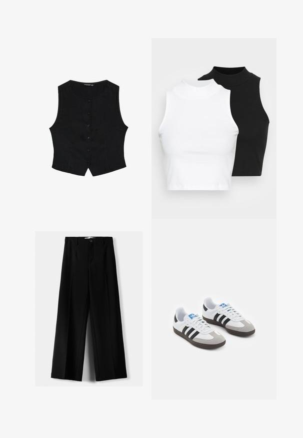 Black sleeveless vest with a round neckline, front button closure, and tapered shape. Made of a smooth fabric with minimal texture.; Two sleeveless ribbed turtleneck tops in black and white, featuring a fitted design and smooth texture, with cropped length.; Black wide-leg trousers made of lightweight fabric, featuring a front button closure and flat front, with neatly stitched hems.; Sport shoes with a white leather upper, gray suede toe, and three black stripes. Features a blue logo on the tongue and a textured rubber sole.