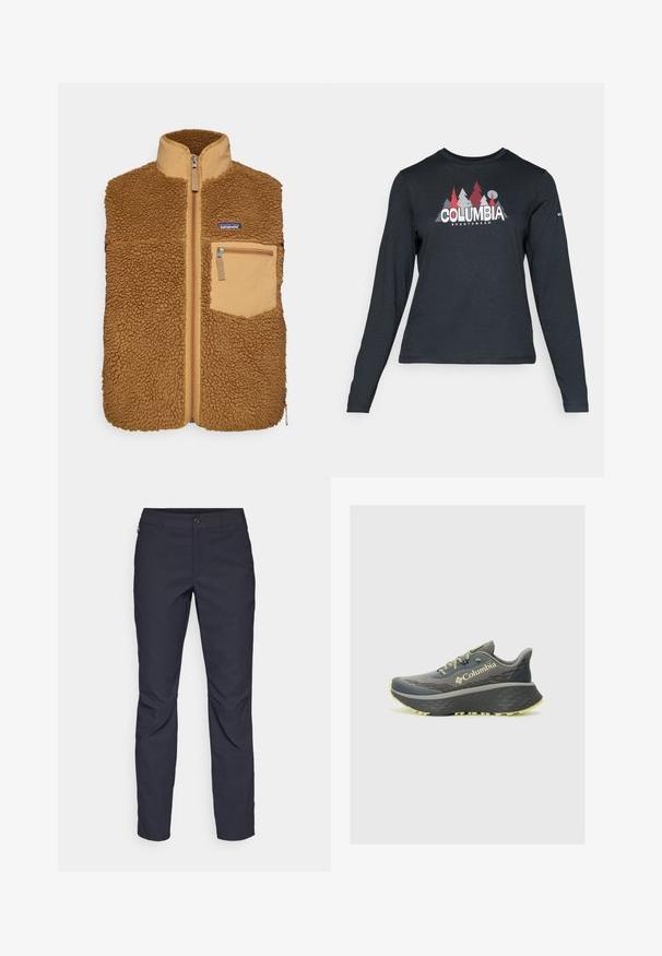 Smeđi runasti prsluk s visokim ovratnikom, prednjim zatvaračem i bočnim džepom na zatvarač. Vanjski materijal na ramenima i logotip na prsima.; Majica dugih rukava tamnosive boje s grafikom crvenih drveća i planina; logo "COLUMBIA" u podebljanom bijelom tekstu. Mekana tkanina, standardni okrugli izrez.; Pantalone tamnoplave boje od glatkog materijala, s prednjim kopčanjem na dugme, uskim krojem i pregibima na koljenima.; Columbia KONOS TRILLIUM ATR siva