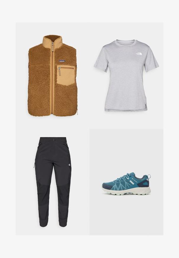 Rjav flis brezrokavnik z visokim ovratnikom, sprednjim zadrgo in stranskim žepom na zadrgo. Zunanji material na ramenih in logotip na prsih.; Siva kratka majica s kratkimi rokavi, izdelana iz mehkega, vlago odvračajočega materiala. Ima okroglo izrez in majhen bel logotip na zgornji levi strani.; Črne zunanje hlače iz trpežnega materiala. Imajo žepke na zadrgo, ojačane kolenske dele in ravno krojeno zasnovo za prosto gibanje.; Columbia PEAKFREAK™ II OUTDRY™ - Pohodniški čevlji - blue heron/skylight