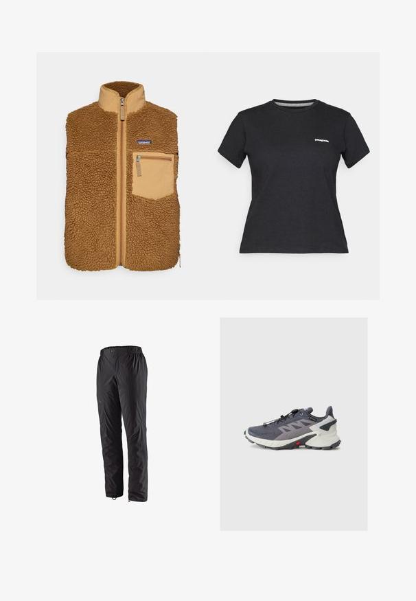 Vest din fleece maro cu guler înalt, fermoar frontal și buzunar cu fermoar pe lateral. Material de exterior pe umeri și un patch cu logo pe piept.; Tricou negru din bumbac, cu gât rotund și mânecă scurtă. Are un logo alb "Patagonia" în zona stângă a pieptului.; Pantaloni impermeabili negri cu talie elastică, buzunare laterale cu fermoar, picioare conice și textură netedă. Potriviți pentru activități în aer liber.; Pantofii sport gri și bleumarin au un material superior din plasă, talpă de protecție, talpă neagră și accente roșii. Dispune de un sistem rapid de șireturi și guler captusit.