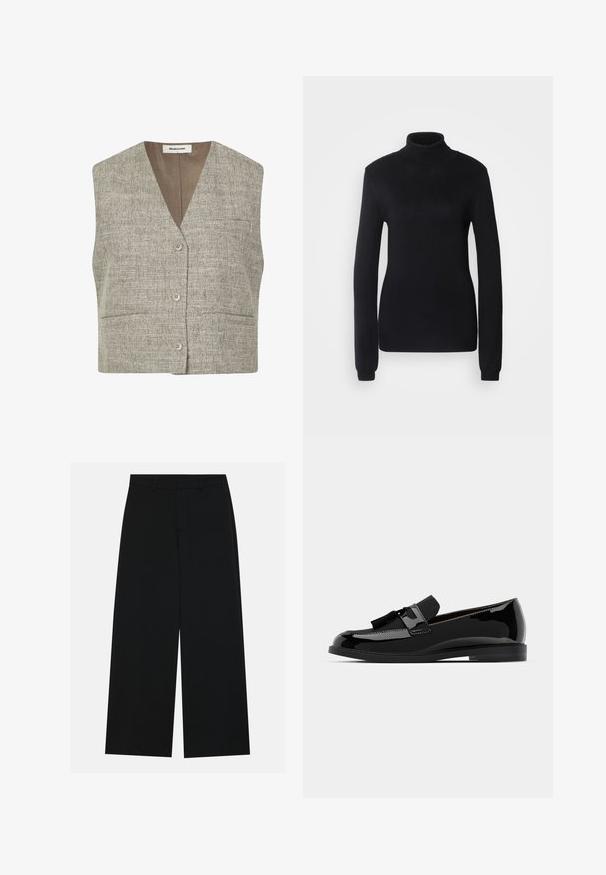 Vest gri texturat, fără mâneci, cu decolteu în V, nasturi frontali și două buzunare laterale. Materialul are un model țesut într-o nuanță neutră.; Pulover negru cu guler înalt, fabricat dintr-un material tricotat moale, având mâneci lungi și o siluetă ajustată, cu un guler și un tiv ribat.; Pantaloni negri cu picioare largi, confecționați dintr-un material fin. Dispun de un talie plată cu bucle pentru curea și nu au buzunare vizibile. Design simplu.; Mocasiini din piele lacuita neagra, cu tocul plat, avand un accent cu ciucure si o suprafata neteda, proiectati cu un vârf rotunjit si o cusatura subtila.