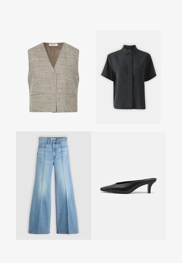 Gilet sans manches gris texturé avec un col en V, des boutons à l'avant et deux poches latérales. Le tissu présente un motif tissé dans une teinte neutre.; Chemise noire à manches courtes, avec un col classique, fabriquée en tissu lisse, présentant une coupe droite et un design minimaliste.; Jean taille haute bleu clair avec jambes larges, poches avant et arrière, passants de ceinture et détails de coutures verticales à l'avant.; Mules en cuir noir à bout pointu avec un petit talon stiletto. Texture lisse, design minimaliste et dos ouvert pour un enfilage facile.