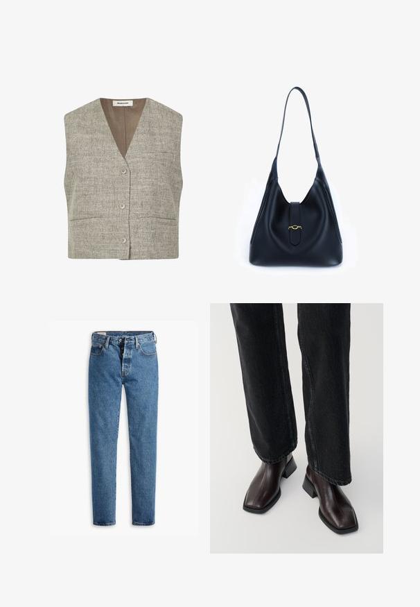 Gilet sans manches gris texturé avec un col en V, des boutons à l'avant et deux poches latérales. Le tissu présente un motif tissé dans une teinte neutre.; Haut à col roulé bleu marine à manches longues. Fabriqué en tissu doux avec une texture lisse. Présente un design ajusté et un col haut sans coutures visibles.; Jeans en denim bleu clair avec une coupe droite, cinq poches et un zip standard. Présente des coutures oranges et une texture légèrement délavée.; Bottines en cuir marron avec un orteil carré et un talon carré, associées à un jeans noir à jambes larges. Texture lisse et design minimaliste.; Sac à main en cuir noir à la conception douce et décontractée. Il possède une bandoulière plate et une fermeture centrale ornée d'un accent doré.