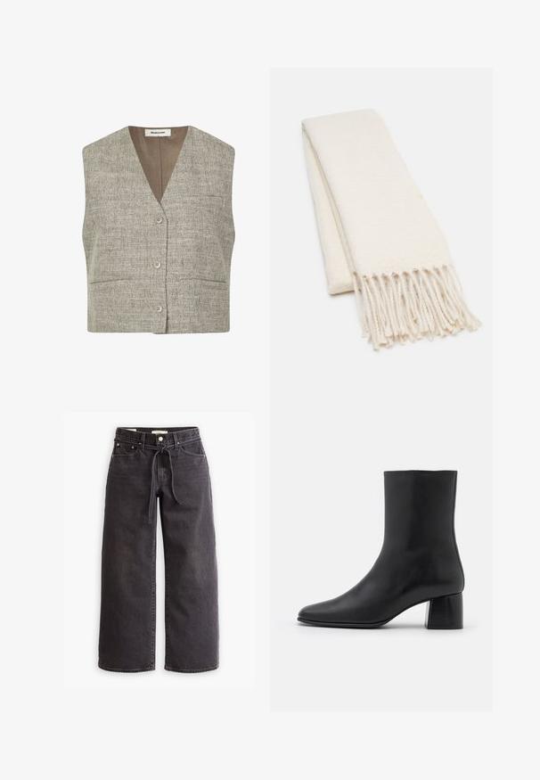 Pilkas tekstūruotas be rankovių liemenė su V formos iškirpte, priekyje mygtukais ir dviem šoniniais kišenėmis. Audinys turi nertą raštą neutralioje spalvoje.; Trijų ilgomis rankovėmis marškinėlių krūva: juodas, pilkas ir baltas. Kiekvienas turi apvalų iškirpimą ir trumpą dizainą, pagamintas iš lygaus, lengvo audinio.; Juodos plačios kojos džinsai, pagaminti iš džinsinio audinio, su virvute liemens vietoje, penkiais kišenėmis ir kontrastingais siūlų akcentais. Lygus priekis.; Juodas odinis kulkšninis botas su smailiu pirštu ir masyviu kvadratiniu kulnu. Lygus paviršius be siūlių ir minimalizmu išsiskiriantis dizainas.; Balta šalikėlis su tekstūriniu raštu, turintis pūkuotas galas. Medžiaga atrodo minkšta ir lengva, tvarkingai sulankstyta ekspozicijai.; Juodas tote maišas, pagamintas iš tekstūruotos medžiagos, turintis dvi ilgas rankenas ir paprastą, minimalistinį dizainą be matomų detalių.; Sidabriniai auskarai su sklandžiu, poliruotu paviršiumi. Apvalios formos ir saugus uždarymo mechanizmas. Lengvas dizainas, tinkantis kasdieniam dėvėjimui.