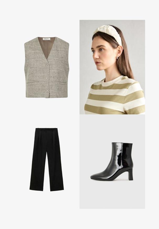 Sivá textúrovaná bezrukávová vesta s výstrihom do V, prednými gombíkmi a dvoma bočnými vreckami. Tkanina má tkaný vzor v neutrálnom odtieni.; Čierny top s dlhými rukávmi, flitrovanými manžetami, mäkkou textúrou a voľným strihom, s jednoduchým okrúhlym výstrihom.; Čierne široké nohavice s skladmi, s hladkou textúrou a vysokým pásom. Minimalistický štýl, žiadne viditeľné kovania ani ozdoby.; Čierne lakované členkové topánky s špicatou špičkou a stredne vysokým blokovým podpätkom. Hladká textúra a minimalistický dizajn.; Krémová čelenka s vypchatím a vzorom vrkoča, skombinovaná s béžovo-bielym pruhovaným tričkom s okrúhlym výstrihom. Nápadné doplnky z jemného šperku.