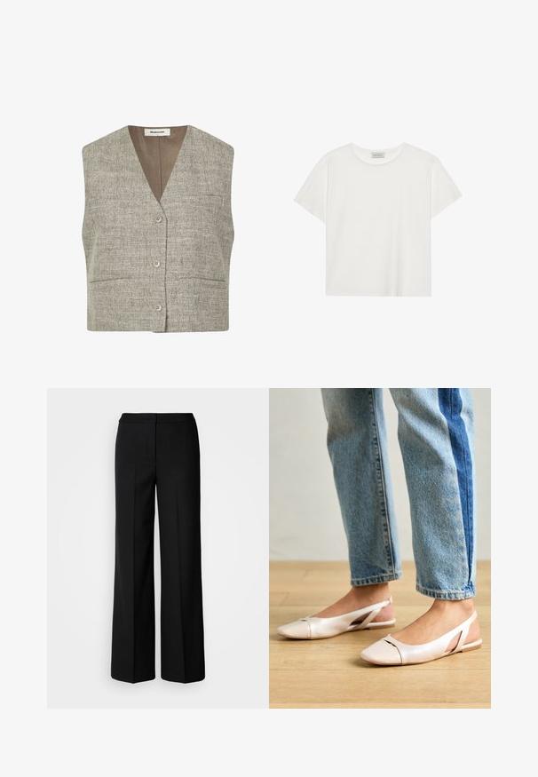 Pelēks teksturēts bezpieguļu veste ar V-veida kakla izgriezumu, priekšējām pogām un divām sānu kabatām. Audumam ir austs raksts neitrālā tonī.; Balts īsām piedurknēm T-krekls, kas izgatavots no mīksta kokvilnas. Tam ir apaļš izgriezums un brīvs piegriezums. Tīrs dizains bez redzamām rakstiem vai akcentiem.; Melni plati bikses ar gludu audumu, piedāvājot augstu jostasvietu, pielāgotas šuves un minimālistisku dizainu. Nav redzamu piederumu vai kabatu.; Bālti rozā siksniņu dzīvokļi ar smailu purngalu, izgatavoti no gludas ādas līdzīgās materiāla. Iezīmē izgriezumu detaļas sānos un platu papēdi.