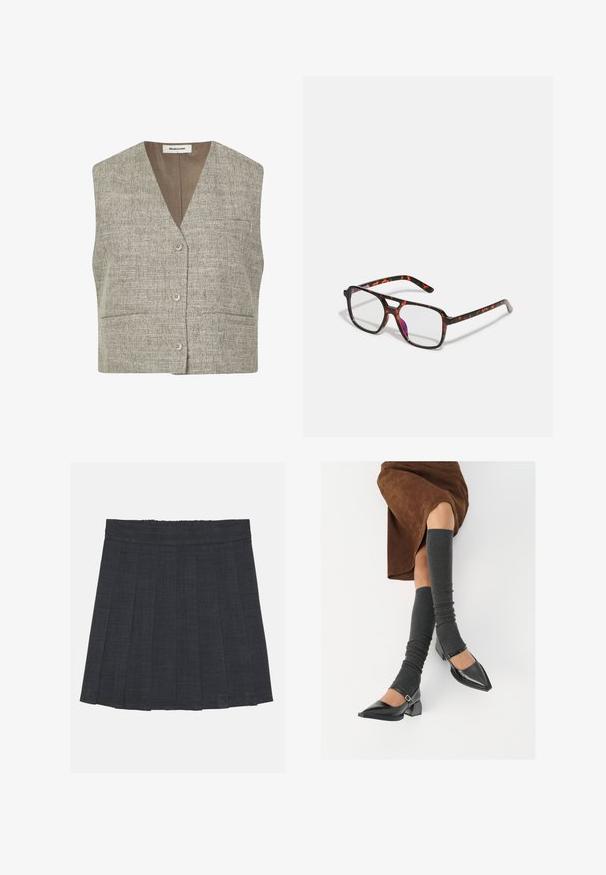 Szary, teksturowany bezrękawnik z dekoltem w serek, z przodu guziki oraz dwie boczne kieszenie. Materiał ma pleciony wzór w neutralnym odcieniu.; Czarny krótki T-shirt z bawełny, z okrągłym dekoltem i krótkimi rękawami, o gładkiej, jednolitej fakturze bez widocznych grafik.; Ciemnoszara spódnica plisowana z elastycznym pasem, wykonana z fakturowanej tkaniny, o klasycznym kroju A. Idealna do codziennych stylizacji.; Czarne lakierowane buty na szpilce z prostokątnym obcasem i paskiem na kostce, zestawione z szarymi prążkowanymi ocieplaczami na nogi oraz brązową zamszową spódnicą.; Okulary w kratkę tortoiseshell z prostokątnymi soczewkami, czarną i pomarańczową oprawą, z błyszczącym wykończeniem i smukłymi zausznikami.