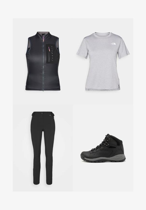 Sort ærmeløs vest med høj krave, frontlynlås og en brystlomme med lynlås. Stoffet har en glat, let tekstur.; Grå kortærmet T-shirt lavet af blødt, fugttransporterende materiale. Har en rund hals og et lille hvidt logo øverst til venstre.; Sorte, tætsiddende bukser lavet af et fleksibelt materiale. Funktioner inkluderer en lynlåslomme i siden, artikulerede knæ og en glat tekstur.; Sort vandrestøvle med en mellem-højde design, der har en tekstureret overdel, grå detaljer og en holdbar gummisål med skridsikre klodser.