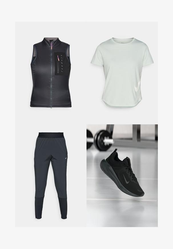Fekete ujjatlan mellény magas nyakkal, elülső cipzárral és cipzáras zsebbel az mellkason. Az anyag sima, könnyű textúrájú.; Világoszöld, rövid ujjú sportpóló, kerek nyakkal. Elöl fehér Nike logóval és ívelt hemline-nal rendelkezik. Sima textúra.; Nike sportnadrág sötétszürke színben, szűkített lábakkal, rugalmas derékpánttal és díszítésekkel a szárak közelében.; Fekete sportcipő Nike logóval, amely a levegőben látható az edzőterem padlóján, a háttérben elmosódott kézi súlyzó állvánnyal.