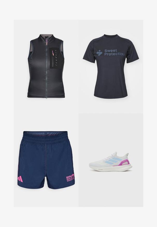 Juodas be rankovių liemeniukas su aukštu apykakle, priekiniais užtrauktukais ir krūtine kišenė su užtrauktuku. Audinys turi lygų, lengvą tekstūrą.; Trumpas rankovėmis juodas marškinėliai, pagaminti iš lygios medžiagos, su užrašu „Sweet Protection“ kontrastinga tamsiai mėlyna spalva priekyje.; adidas Performance BER25 OTR SHORTS - Sportiniai šortai - collegiate navy; adidas Performance PUREBOOST 5 - Bėgimo batai plentui - white/glow blue/purple burst
