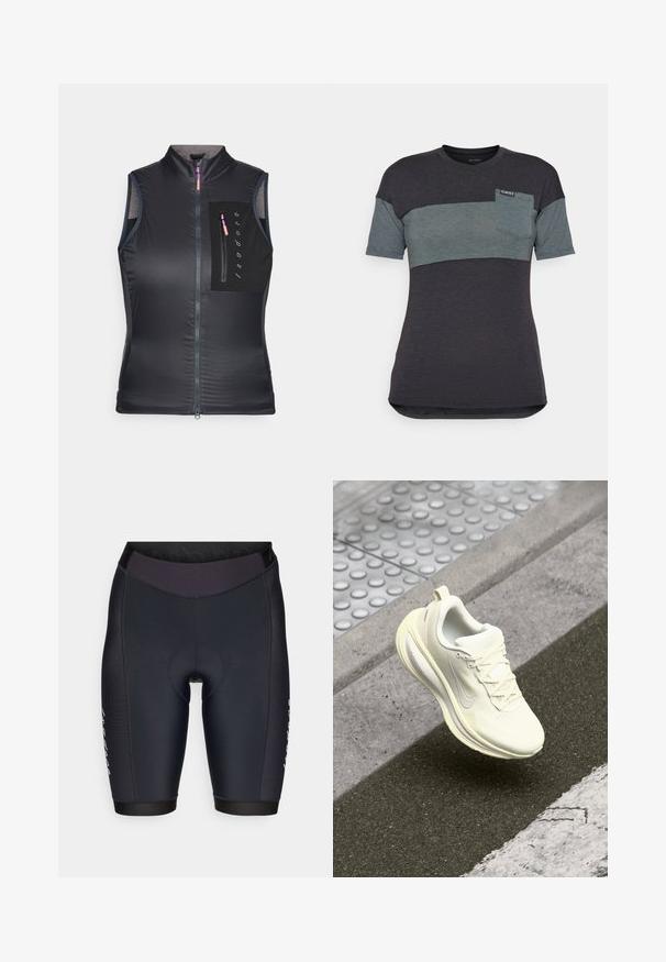 Colete preto sem mangas com colarinho alto, fecho éclair frontal e um bolso no peito com fecho éclair. O tecido tem uma textura lisa e leve.; T-shirt de manga curta em cinza escuro e azul-turquesa com um bloco de cor horizontal, apresentando um bolso no peito e uma etiqueta no decote.; Calças de ciclismo pretas com um design ajustado, feitas de um tecido elástico suave, apresentando uma cintura confortável e almofadado reforçado.; Sapatilha de corrida branca com parte superior texturizada, painéis de malha, atacadores e sola acolchoada. Apresenta um detalhe refletivo e uma leve curvatura.