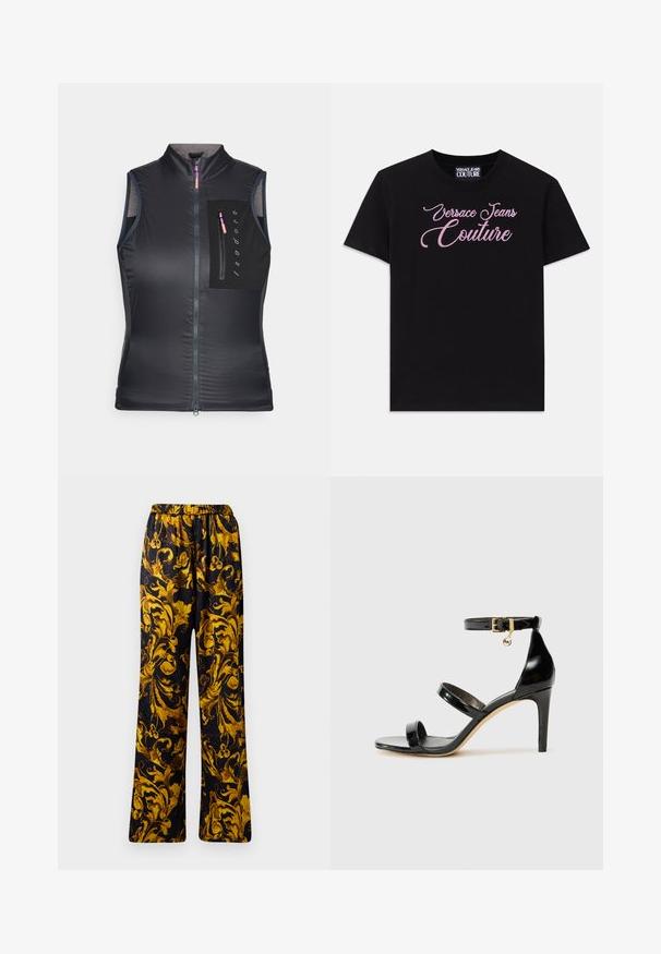 Black sleeveless vest featuring a high collar, front zipper, and a chest pocket with a zipper. Fabric has a smooth, lightweight texture.; Black cotton t-shirt with short sleeves featuring pink rhinestone embellished "Versace Jeans Couture" text across the chest.; Black pants with an ornate gold floral pattern, featuring an elastic waistband and wide-leg design. Smooth texture, lightweight fabric.; Black patent leather sandal with three straps, ankle buckle, and 4-inch stiletto heel. Features gold hardware detail and logo charm.