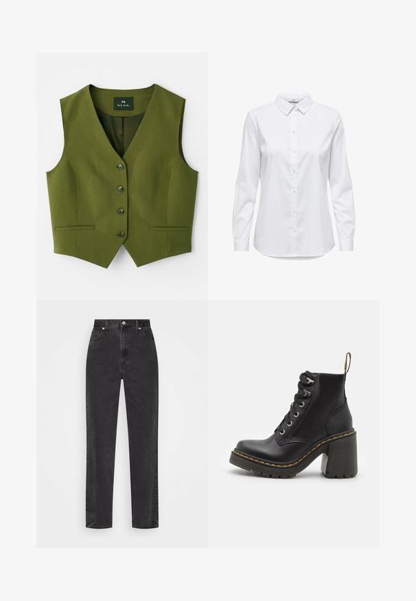 Vesta olivově zelené barvy s výstřihem do V, pěti knoflíky, dvěma bočními kapsami a hladkým texturovaným materiálem. Značka viditelná uvnitř.; Bílé košile s knoflíky, dlouhými rukávy, strukturovaným límcem a zaobleným lemem. Vyrobeno z hladké, jednolité tkaniny bez viditelných vzorů nebo akcentů.; Černé džíny se rovnými nohavicemi a vysokým pasem, se zapínáním na knoflík a zip, a pěti kapsami na bílém pozadí.; Černé kožené kotníkové boty s robustním vysokým podpatkem, šněrováním vpředu, kovovými očky a žlutým prošíváním podél podrážky. Texturovaná gumová podrážka.