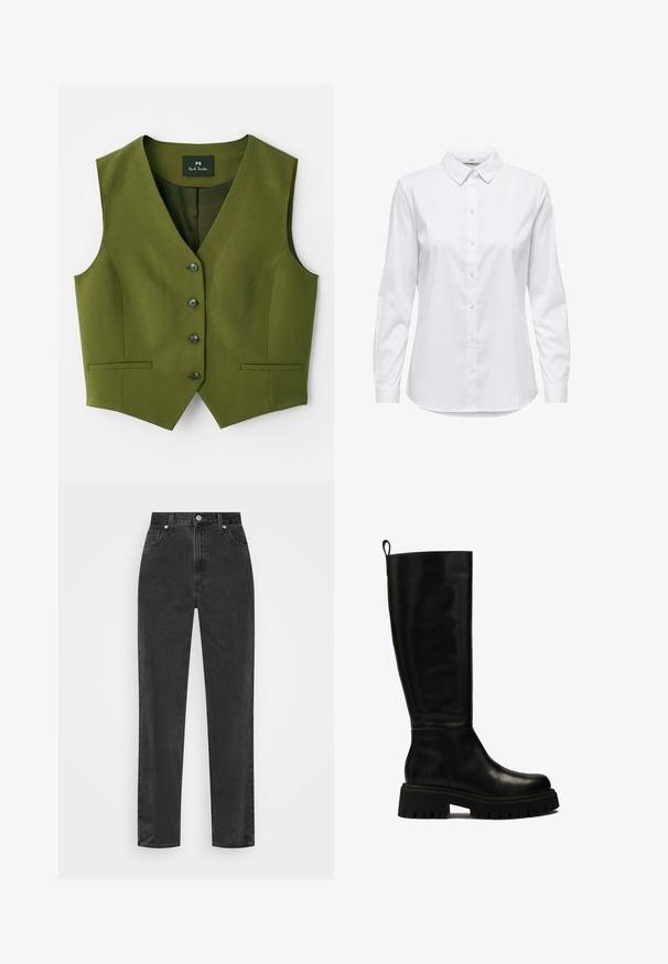 Vesta olivově zelené barvy s výstřihem do V, pěti knoflíky, dvěma bočními kapsami a hladkým texturovaným materiálem. Značka viditelná uvnitř.; Bílé košile s knoflíky, dlouhými rukávy, strukturovaným límcem a zaobleným lemem. Vyrobeno z hladké, jednolité tkaniny bez viditelných vzorů nebo akcentů.; Černé džíny se rovnými nohavicemi a vysokým pasem, se zapínáním na knoflík a zip, a pěti kapsami na bílém pozadí.; Černé kožené vysoké boty až ke kolenům s elegantním designem, zaoblenou špičkou a robustní gumovou podrážkou s hlubokými syzami a poutkem na horní části.
