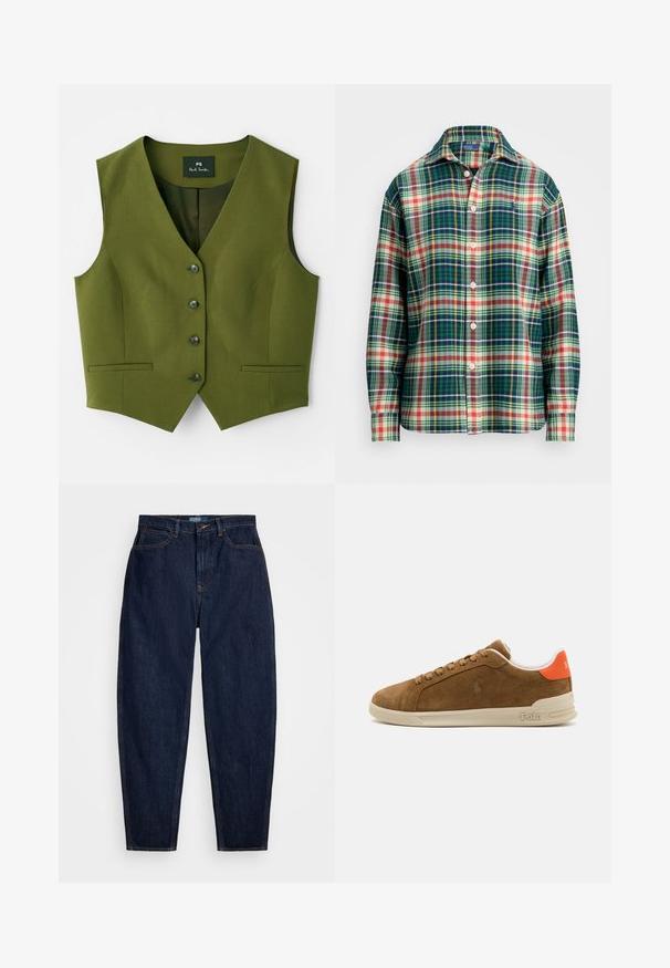 Maslinasta prsluk s V izrezom, zatvaranje s pet dugmadi, dva bočna džepa i glatka tekstura tkanine. Vidljiva oznaka branda unutar.; Košulja s dugim rukavima, s gumbima, u kariranom uzorku zelene, mornarskoplave, bijele, narančaste i žute boje, s raširenim ovratnikom i malim izvezenim logom na prsima.; Tamno plave traperice ravnog kroja, s narančastim šavovima, prednjim gumbom za zatvaranje i pet džepova.; Smešani smeši tenisice u smeđem nubuku s kremastom gumenom potplatom, s narančastim naglasima na peti i malim logom na boku.