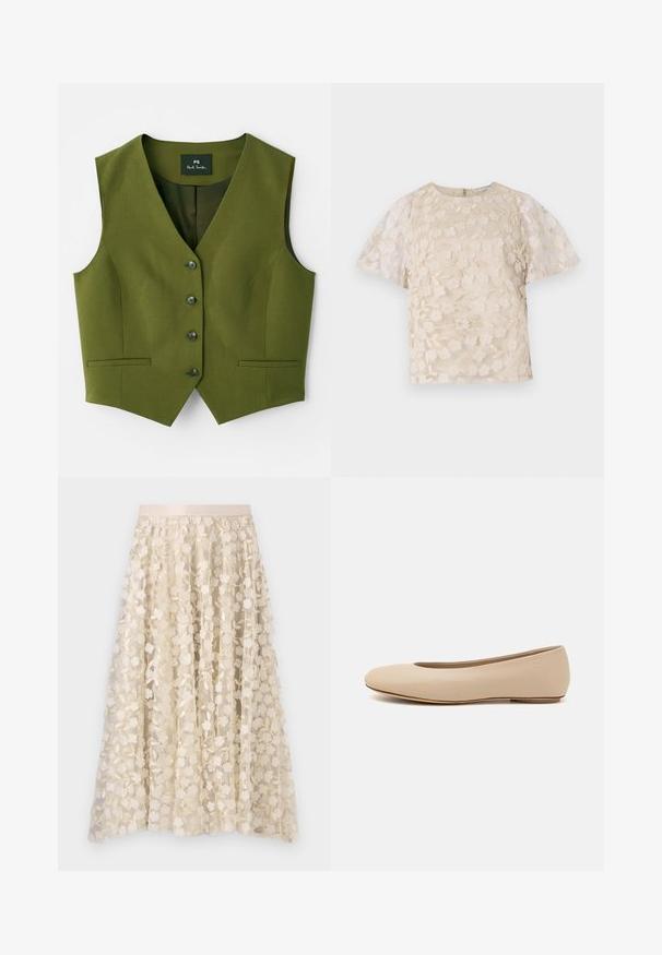 Oliivinvihreä liivi, jossa on V-pääntie, viisi napin sulkemista, kaksi sivutaskua ja sileä tekstuurinen kangas. Brändilogo näkyvissä sisällä.; Beige paita, jossa on kukkakirjonta, läpikuultavat puffihihat, pyöreä pääntie ja takana vetoketjusulku. Teksturoitu kukkakuvio etupaneelissa.; Kukkakirjonta kermanvärisessä läpinäkyvässä hameessa, jossa on satiinivyötärö. Suunnittelussa on pieniä, herkkiä kukkia ja lehtiä.; Beige nahkara ballet flat dengan ujung bulat, detail jahitan minimal, hak rendah, dan logo halus di bagian belakang. Tekstur halus dan matte.