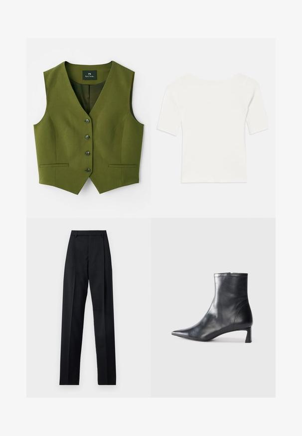 Alyvuogių žalio atviro kaklo liemenė su penkiomis sagomis, dviem šoniniais kišenėmis ir lygiu tekstūruotu audiniu. Prekės ženklas matomas viduje.; Balta raukšlėta trumpomis rankovėmis palaidinė su plačiu kaklu. Tekstūra turi vertikalias juosteles, pabrėžiančias tvirtą prigludimą ir paprastą dizainą.; Juodos kelnės iš lygaus audinio, pasižyminčios aukštu liemeniu, plačiomis kojomis, priekinėmis klostėmis ir klasikiais diržo kilpomis. Šoninių kišenių nematyti.; Juodas odinis kulkšninis batas su smailiu pirštu ir elegantišku dizainu. Turi žemą kulną ir užtrauktuką gale. Lygi tekstūra.