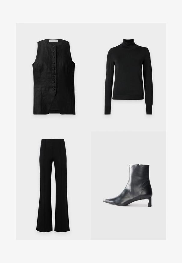 Melnas piedurkņu bezmaksas veste ar taisnu piegriezumu, ar pogu priekšpusi un maigu faktūru. Audums izskatās viegla un gluda.; Melnas garām piedurknēm turtlenecks džemperis ar ribotām aprocēm un apakšmali, attēlots uz vienkārša balta fona.; Melnas platas bikses ar augsto jostasvietu, izgatavotas no elastīga auduma. Satur vertikālas šuvju detaļas priekšpusē un gludu tekstūru.; Melnas ādas potītes zābaki ar norādītu pirkstu un elegantu dizainu. Iezīmē zemu papēdi un rāvējslēdzēja aizdari aizmugurē. Gluda tekstūra.