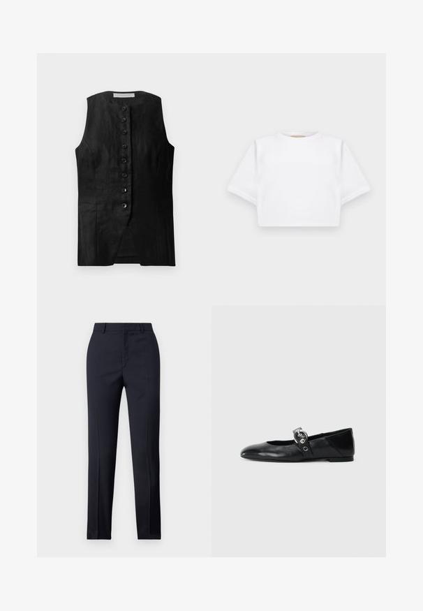 Svart ärmlös väst med rak skärning, som har knäppning fram och subtil struktur. Tyget verkar lätt och mjukt.; Klippt vit t-shirt tillverkad av mjukt tyg, med korta ärmar, rund halsringning och ribbade kantdetaljer. Enkel och utan prål design.; Marinblå skräddarsydda byxor med rak passform, med en slät textur, två framfickor och en ren midjeband.; Svarta läderballetskor med spetsig tå, med en rem som har en rund metallspänne och en platt sula.