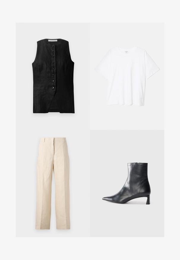 Crna majica bez rukava s ravnim krojem, s prednjim kopčanjem na gumb i suptilnom teksturom. Tkanina izgleda lagano i glatko.; Bijela pamučna majica s kratkim rukavima, okruglim izrezom, opuštenim krojem i šivenim rubom. Etiketa je vidljiva na unutarnjoj strani vrata.; Bež lanene hlače s opuštenim krojem, nabranim prednjim dijelom i ravnim nogavicama. Imaju pojas s petljama za remen i bez vidljivih džepova.; Crne kožne gležnjače s uskim vrhom i elegantnim dizajnom. Imaju niski potpetak i zatvaranje na patentni zatvarač straga. Glatka tekstura.